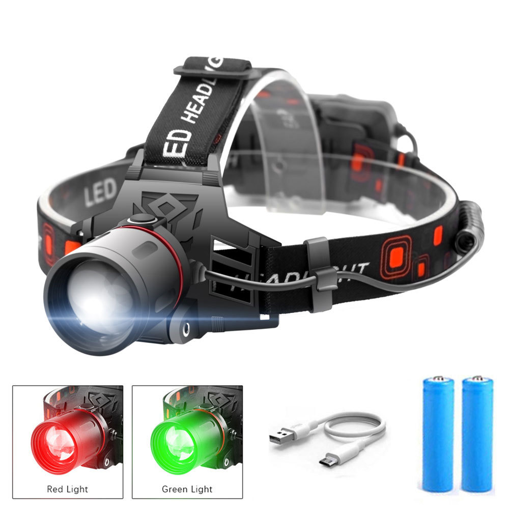 kaufsy | Wiederaufladbare LED Stirnlampe mit Weiß-, Rot- und Grünlicht – Leistungsstarke Kopflampe mit USB und Akku