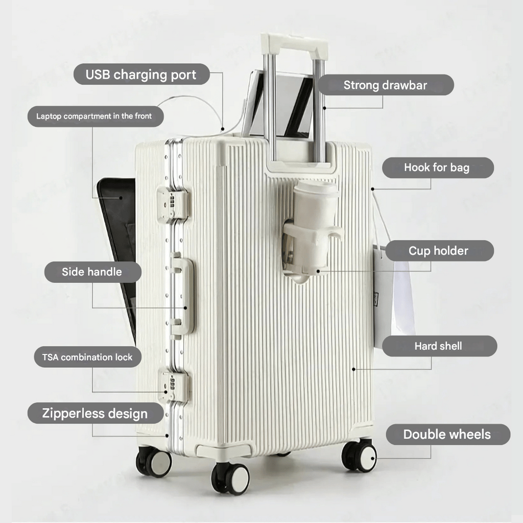 kaufsy | Manhattan Pro – Hartschalen-Handgepäckkoffer mit Aluminiumrahmen, Laptopfach und USB-Anschlüssen