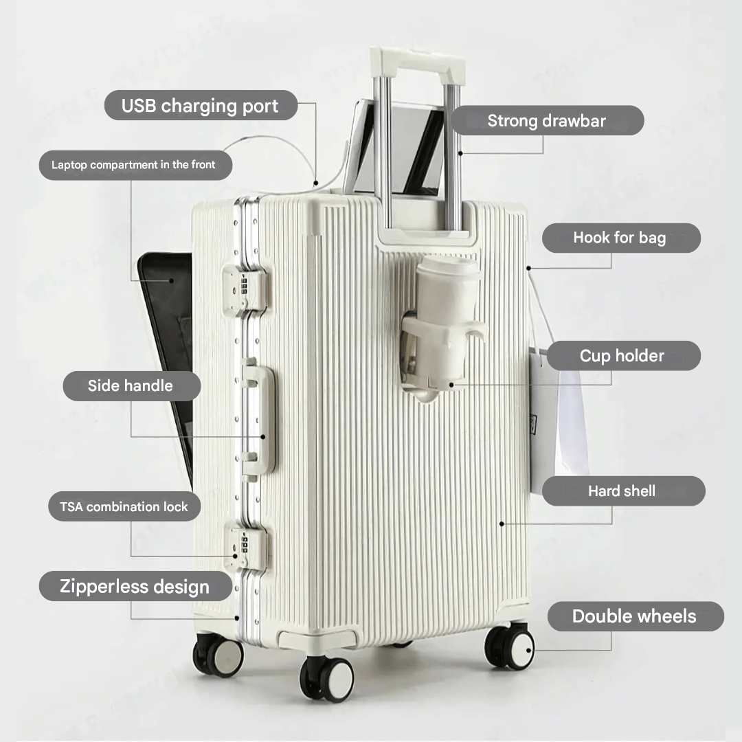 kaufsy | Manhattan Pro – Hartschalen-Handgepäckkoffer mit Aluminiumrahmen, Laptopfach und USB-Anschlüssen