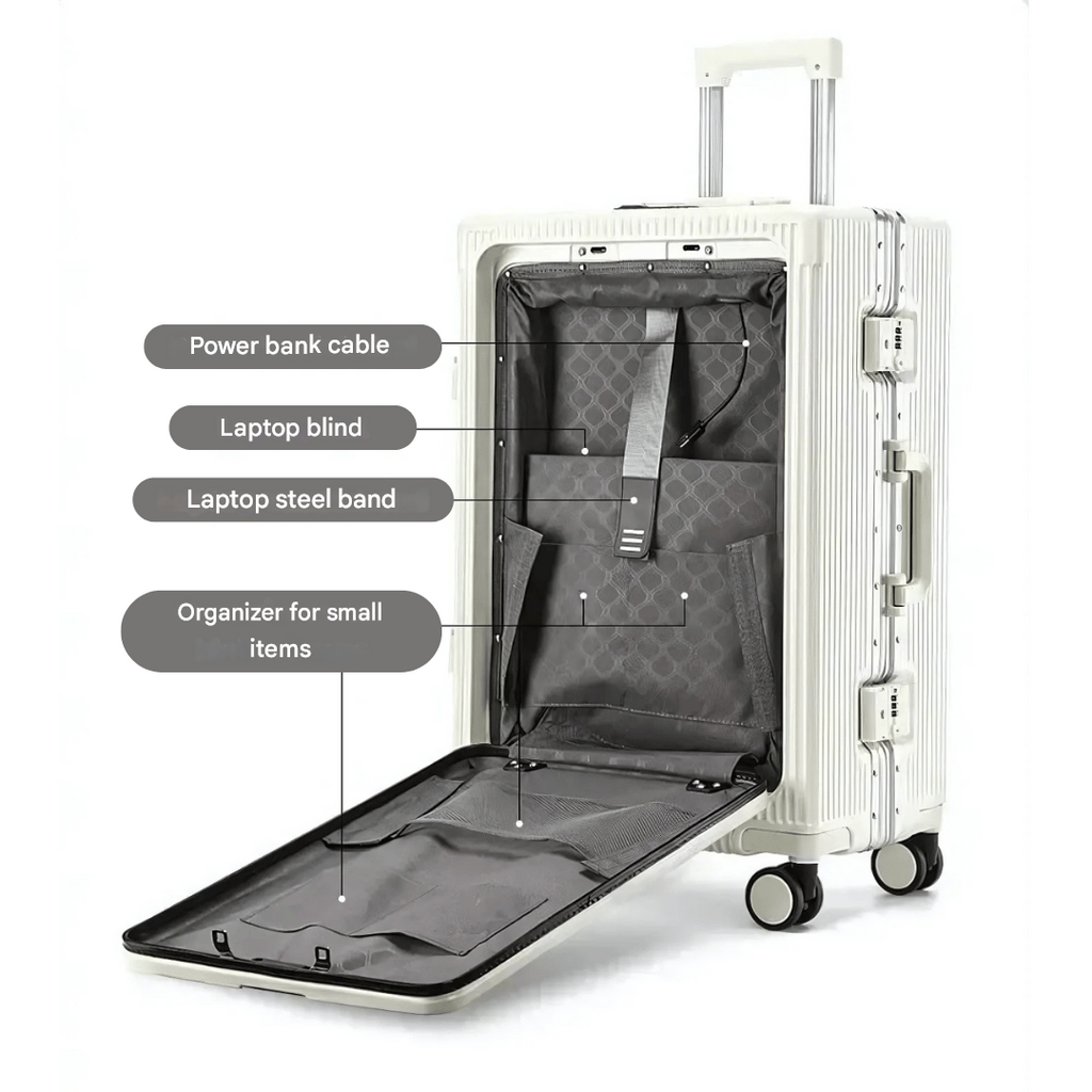 kaufsy | Manhattan Pro – Hartschalen-Handgepäckkoffer mit Aluminiumrahmen, Laptopfach und USB-Anschlüssen