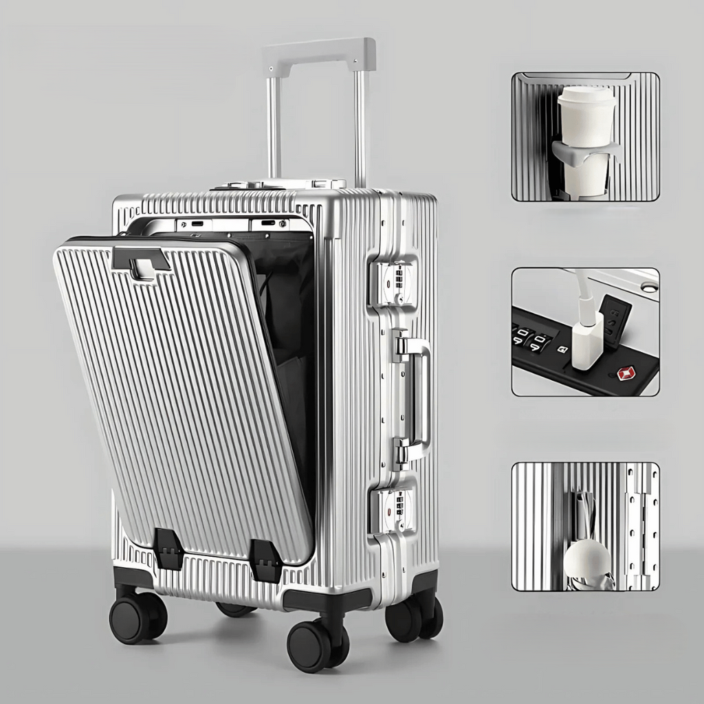 kaufsy | Manhattan Pro – Hartschalen-Handgepäckkoffer mit Aluminiumrahmen, Laptopfach und USB-Anschlüssen