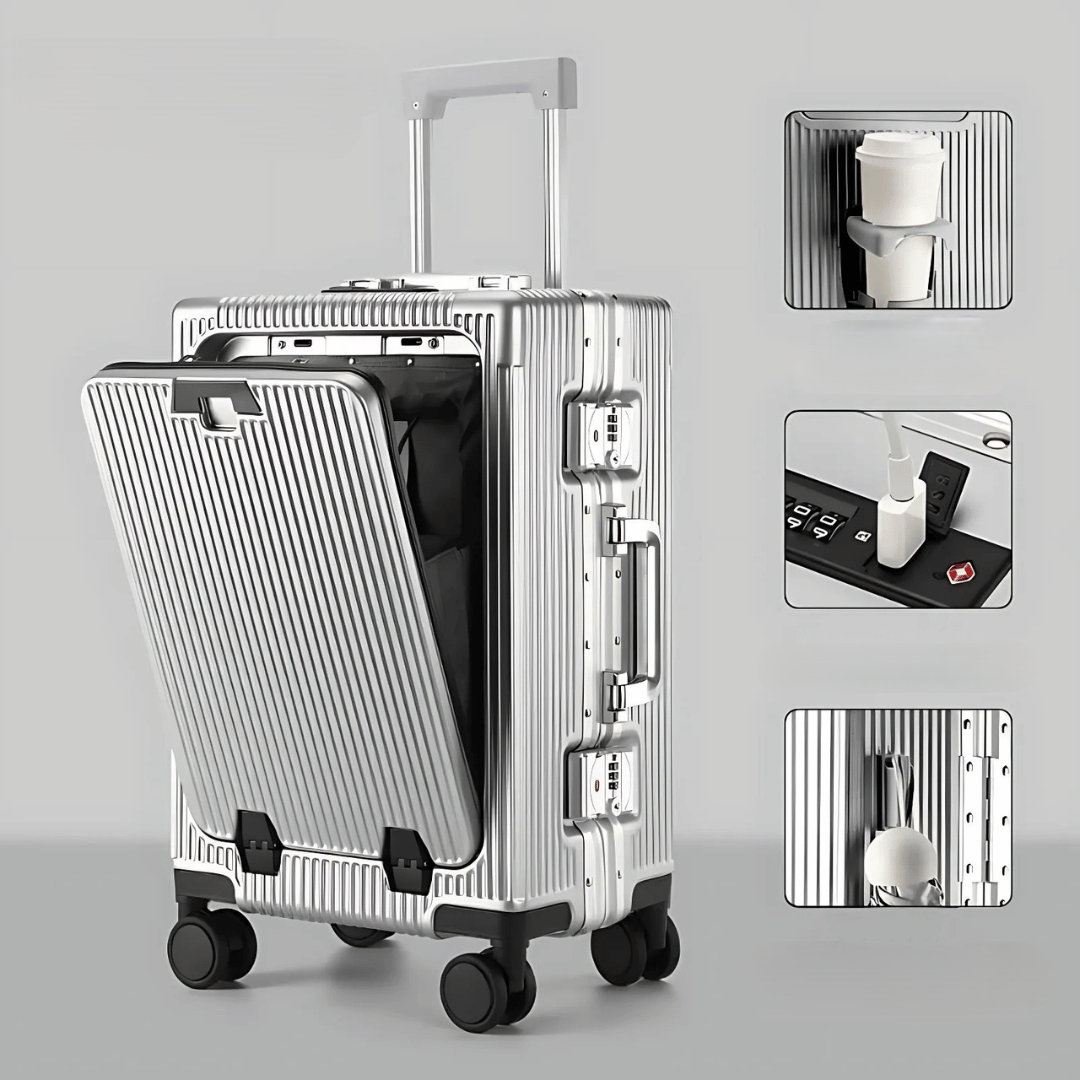 kaufsy | Manhattan Pro – Hartschalen-Handgepäckkoffer mit Aluminiumrahmen, Laptopfach und USB-Anschlüssen