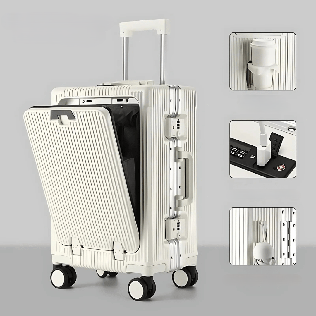 kaufsy | Manhattan Pro – Hartschalen-Handgepäckkoffer mit Aluminiumrahmen, Laptopfach und USB-Anschlüssen