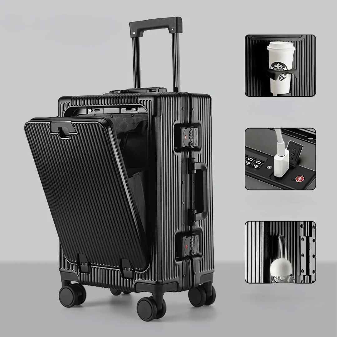 kaufsy | Manhattan Pro – Hartschalen-Handgepäckkoffer mit Aluminiumrahmen, Laptopfach und USB-Anschlüssen