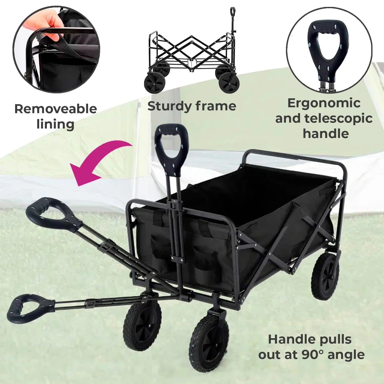 Faltbarer Gartenwagen, 150kg Traglast, Teleskopgriff, 360° Räder, Outdoor