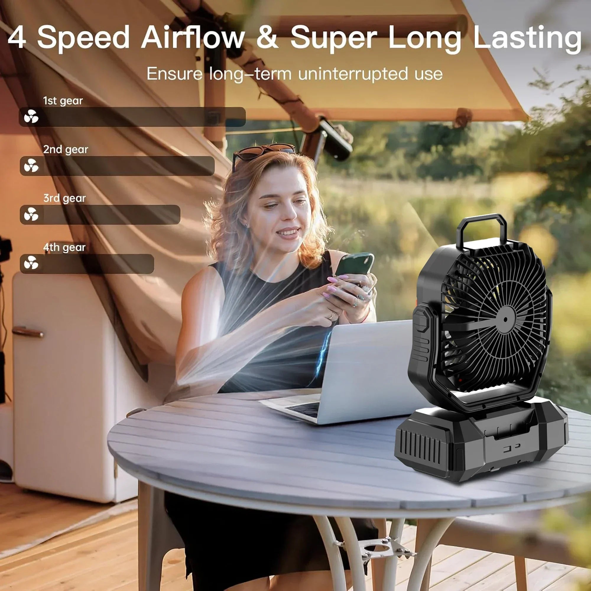 kaufsy | Wiederaufladbarer Campingventilator mit 40000mAh Akku & LED Laterne – F22