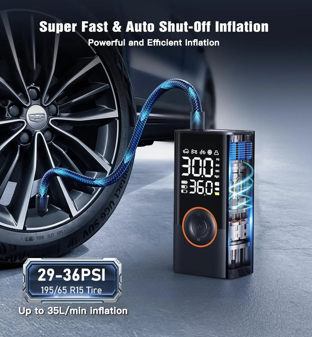 Kaufsy™ Kabelloser Reifenfüllkompressor 150PSI, 4000mAh, LCD, USB-C