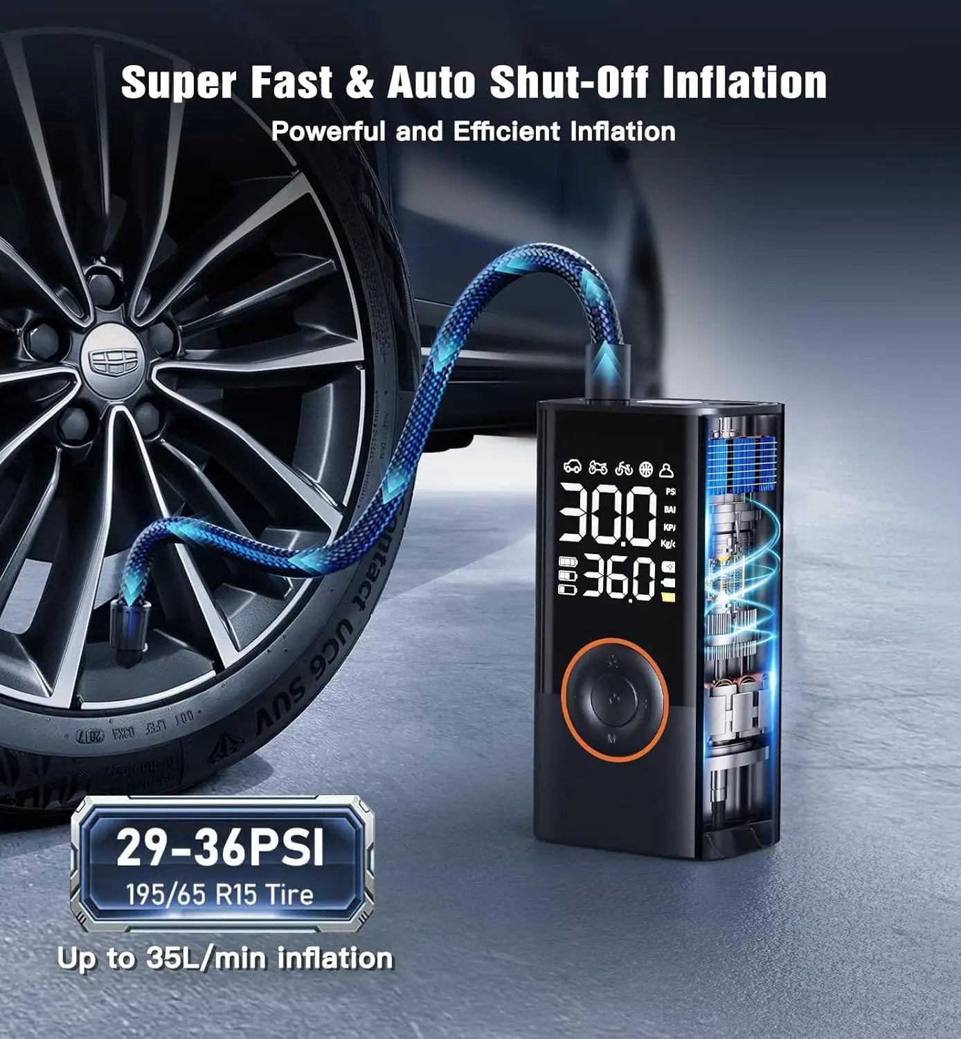 Kaufsy™ Kabelloser Reifenfüllkompressor 150PSI, 4000mAh, LCD, USB-C