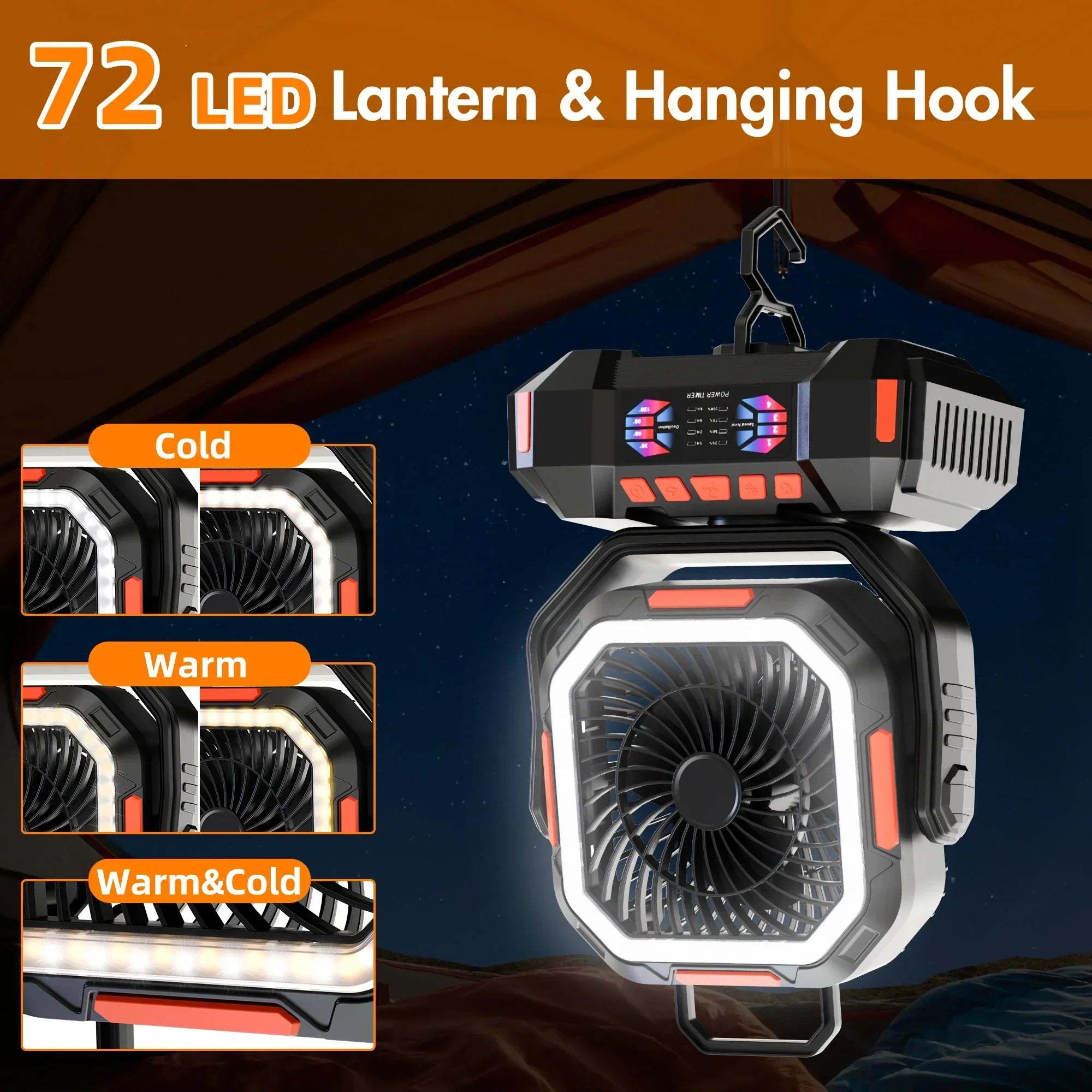 kaufsy | Wiederaufladbarer Campingventilator mit 40000mAh Akku & LED Laterne – F22