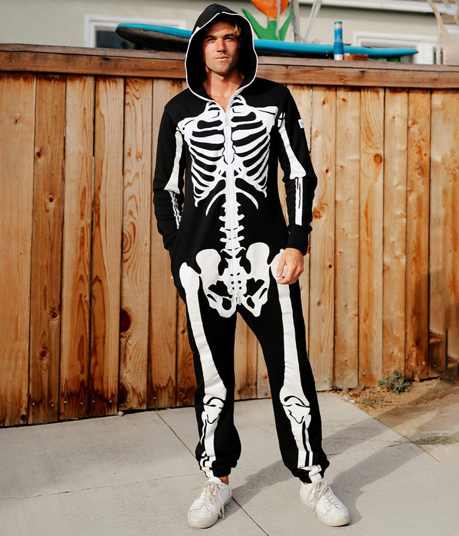 Herren Skelett Jumpsuit Kostüm, Ganzkörper Schädel & Knochen für Halloween